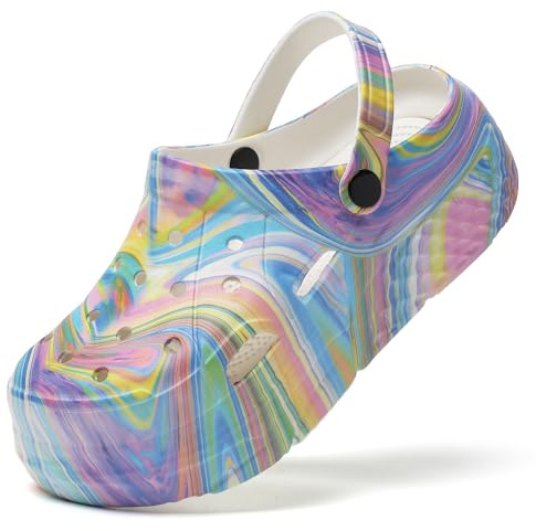 XJITIGER Zoccoli da donna con plateau, scarpe estive da giardino, sandali da spiaggia senza lacci, ciabatte da acqua per esterni con soletta rimovibile, Viola arcobaleno , 41 EU