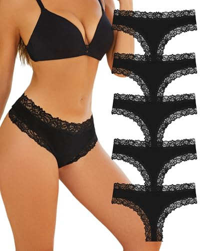 ALL OF SHE Cotton Underwear Women Lace Women's Knickers Brazilian Ladies Briefs Sexy Hipster Panties Soft Black Pants Multipack Pack of 5-S