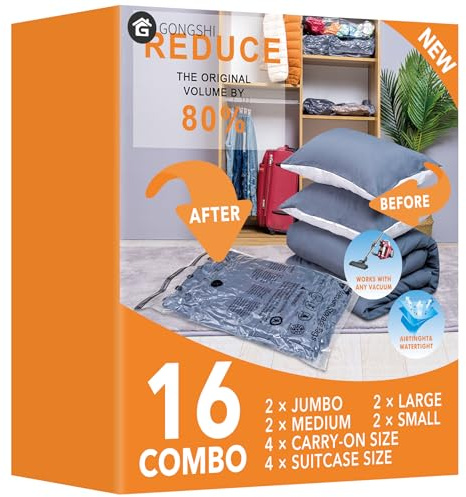 GONGSHI Vacuum Storage Bags, Space Saver Seal Bags For Clothing, Blankets, Comforters, Pillows, Clothes Storage,Travel Luggage.16 Combo