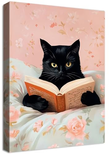 Wooden Framed Canvas Wall Art Cute Cats Painting on Canvas Prints Funny Black Cat Reading Books Pictures Wall Decor Pink Vintage Animal Poster Prints for Girls Room Bedroom Kids Room 40x60cm