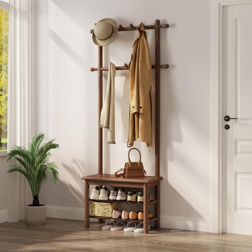AQIMUELE Porte-Manteau avec Étagère à Chaussures, Meuble d’Entrée en Bois Massif avec Banc, 3-en-1, 11 Crochets Amovibles, Vestiaire, 30 x 60 x 170 cm, Noyer