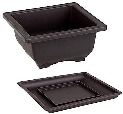Dualoai Pots D'entraînement avec Plateau Extérieur, Pot de Plantes Vintage, Pot de Bonsaï, Pots de Fleurs Portables pour, Bureau, Cour, Salon, Carré Peu Profond S