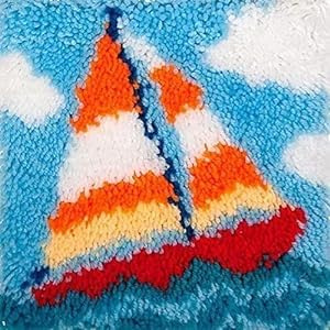Latch Hook Kit for Adults & Kids, Complete DIY Cushion Making Craft Kits with Yarn & Canvas and Crochet Needle, Latch Hook Pillow Cover Adult Craft Kits Home Decor for Women - Sailing Boat 43x43cm