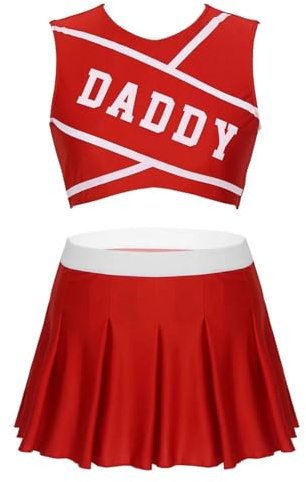 EURDFHY Uniforme de animadora Disfraz de animadora sexy y encantador for mujer adulta, 2 piezas, cuello redondo, sin mangas, top corto estampado con minifalda plisada, ropa escenario(Red,XL)