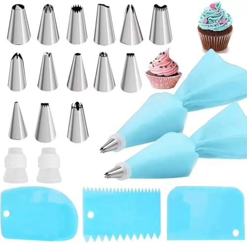 Spritsmunstycke for tårtkaka, 21 st spritsmunstyckeskit med 2 återanvändbara påsar for glasyr, 14 munstycken i rostfritt stål, 2 kopplingar, 3 plastskrapor for gör-det-själv-muffincakes