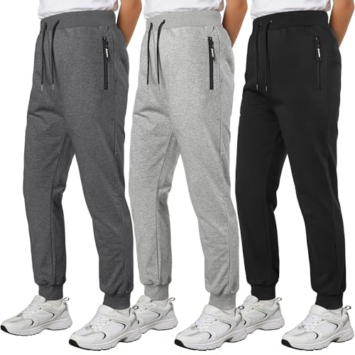 Aocku 3 Pack Boys Sweatpants Cotton Boys Pants Athletic Joggers for Kids Teens Youth with Zip Pockets Drawstring Color A, M