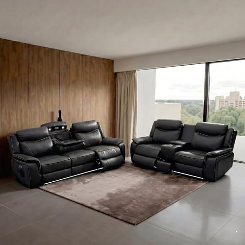 Pradaa Leather Electric Recliner Sofa Set With Cupholders – 3+2 Seater Sofa Set – LED Lights – Bluetooth Speakers – Cooling cupholders – USB and Type-C charging ports (3+2 Seater, Black) | Electric Reclining