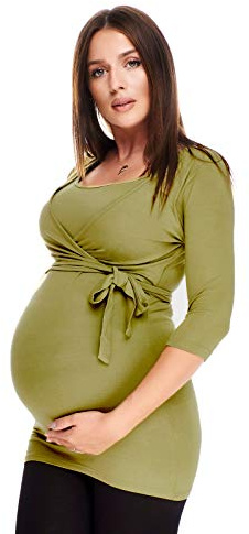 Purpless Maternity 2in1 Pregnancy and Nursing Wrap Top 3/4 Sleeved Tunic for Pregnant and Breastfeeding Women 7035 (10, Olive Green)