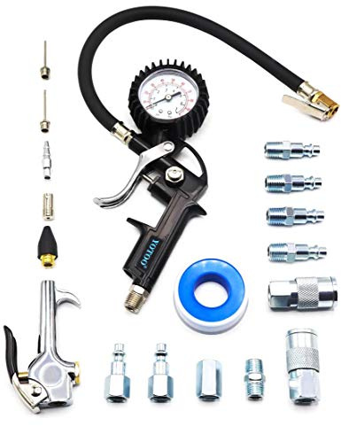 YOTOO Kit de accesorios de compresor de aire resistente de 18 piezas, kit de herramientas de aire NPT de 1/4 pulgadas con medidor de inflado de neumáticos de 100 PSI, pistola de soplado de aire