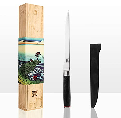 KOTAI | Cuchillo de pescado | Hoja flexible de 20 cm | Ideal para Filetear el pescado | Afilado y forjado a mano | Acero inoxidable japonés 440C | Mango de madera de pakka | Tang oculto completo