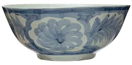 Hand Painted Stoneware Bowl with Floral Design, Blue and White