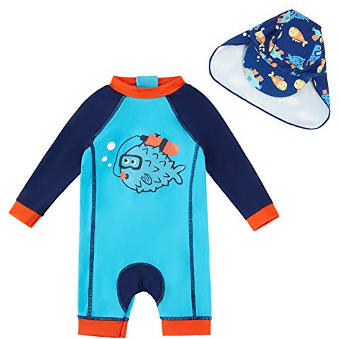 upandfast Adorabile Costume da Bagno Intero per Neonati Monopezzo con Cappello da Sole(Pesce Blu,12-18 Mesi)