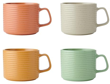 KitchenCraft Idilica Mugs Stacking Stoneware Mugs, Set of Four Stackable Coffee Cups, Multi-Coloured, 4ml Capacity, Dishher and Microwave-Safe