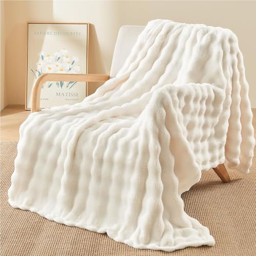 Melldrry Couverture, 150 X 200 cm Plaid Fausse Fourrure, Doux et Pelucheux Plaid Canape Grande Taille pour Canapé et lit Chambre à Coucher Bureau Blanc Cassé