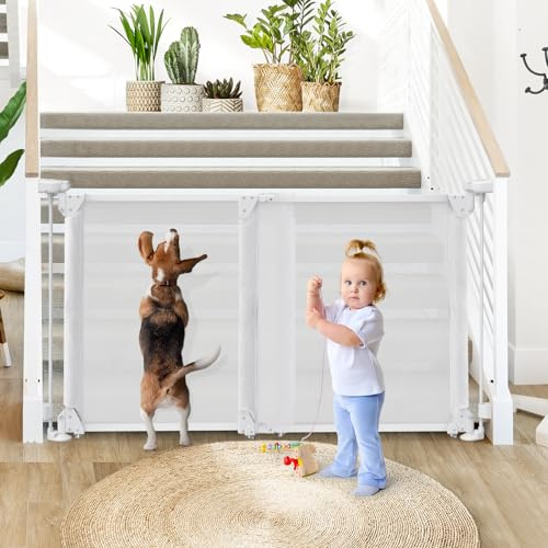 Foldable Stair Gate Baby Gate, Adjustable Baby Gates for Doorways, Dog Gate Adjustable Width 80 to 140cm, 75cm Tall Pet Gate One Handed Operation, Mesh Safety Gate for Stairs/Hallways/Outdoor/Indoor