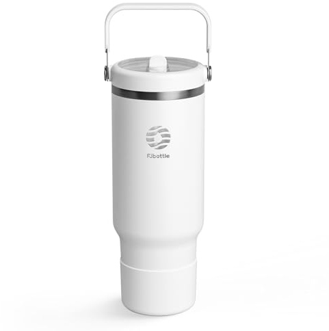 Fjbottle Trinkflasche mit Strohhalm 1200ML - Thermosflasche 12 Std Kalt - Auslaufsicher Kaffeebecher to Go - BPA Frei Wasserflasche auch für Auto Thermobecher