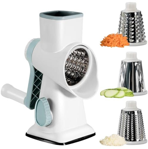 Käsereibe mit Kurbel, Gemüseschneider mit 3 Trommelblättern, Trommelreibe Schnelleres, Manuelle Trommelreibe, Austauschbaren Trommelklingen, Gemüsehobel für Gurken