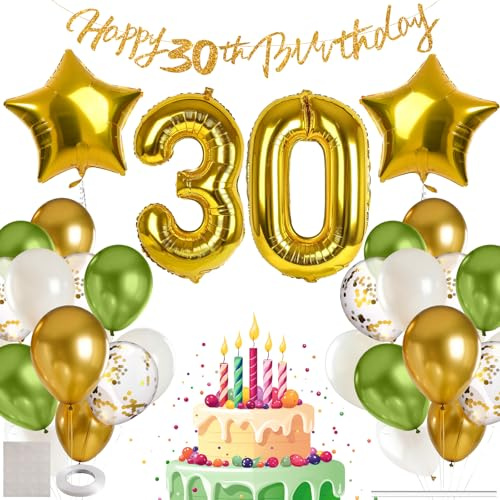 MIEWAA Globos 30 Cumpleaños Hombre, Adornos Fiesta Decoracion 30 Años Cumpleaños Mujer con Banner HAPPY BIRTHDAY, Número 30 Grande y Globo Foil Estrella, Globos Latex y Confetti, Verde-Dorado-Blanco