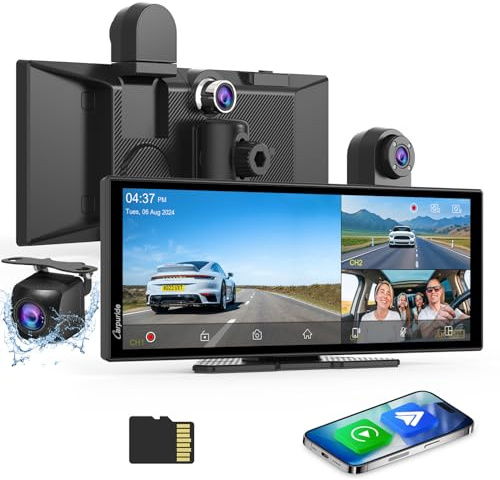 Carpuride W125S Carplay Pantalla con 3 Canales Tablero Cámara, 4K Frontal &1080P Trasera Cámara, Inalámbrico Carplay y Android Auto, 11,26 HD Táctil Pantalla, Grabación en Bucle, Bluetooth.