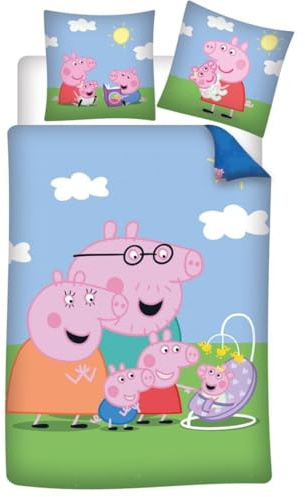 Peppa Pig Familj Påslakan 140x200 + Örngott 65x65 Polyester-Bomull Trädgård | Vändbart sängset | Peppa George Pappa & Mamma i trädgården | Polyester-Bomull Oeko-Tex | Barn | Officiell licens