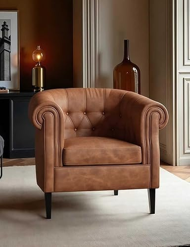 interoknack Vintage Leather Club Chair – Retro Chesterfield Single Armchair for Living Room, Bedroom & Home Office, Tufted Barrel Accent