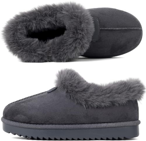 LUNATECH Women's Closed back Slippers Faux Fur Warm Non Slip Outdoor Indoor House Shoes with Fuzzy Collar (GREY, ，, Adult, Women, 6, Numeric, UK Footwear Size System, Medium)