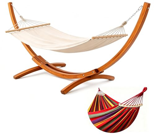 BELONID Amaca con Supporto in Legno, Incluye 2 Amache, Portata 200 kg, Medidas 320×120×120 cm, Telaio Arcuato Stabile in Legno, Regolabile in Altezza, per Giardino, Terrazzo e Balcone (Rosso)