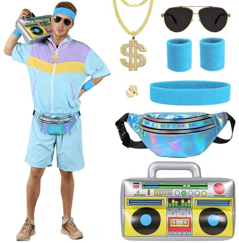 80-tals 90-tals outfit kvinnor män sommar – retro träningsoverall kort kostym set med magficka, uppblåsbar boombox & accessoarer – 80-tals joggingdräkt för festival, karneval, Mallorca temafest