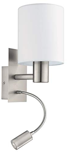 Eglo Pasteri LED Wall Light, Nickel Matt Steel and White Fabric Wall Lamp, E27 Socket, incl. Switch and Flexible Reading Lighting