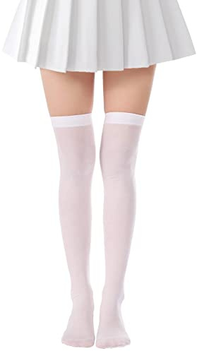 Lastclream Women Costume Thigh High Silk Stockings for Girls Over Knee Socks Cosplay Knee High Hosiery (White)