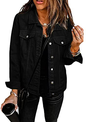 shownicer Femme Veste en Jean Vintage Coloré Blouson en Jean Mi-Saison Manches Longues Noir 3XL