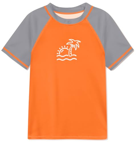 BesserBay UV Protection Boys Swim Vest Short Sleeve Rash Vest Quick Dry Kids Beach Swimming Shirts Swim Top Coconut Tree-Orange 5-6 Years