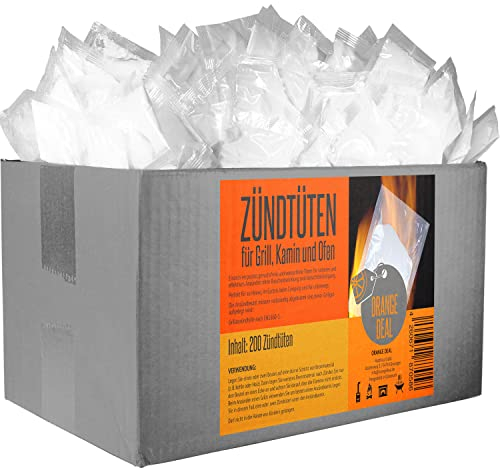 ORANGE DEAL 200 Zündtüten im Karton geruchsfreie wasserfeste Grillanzünder - Kaminanzünder (Fire Starter) für Grill (Holzbriketts, Grillkohle), Kamin (Kaminanzünder) oder Ofen zum sicheren Anzünden.