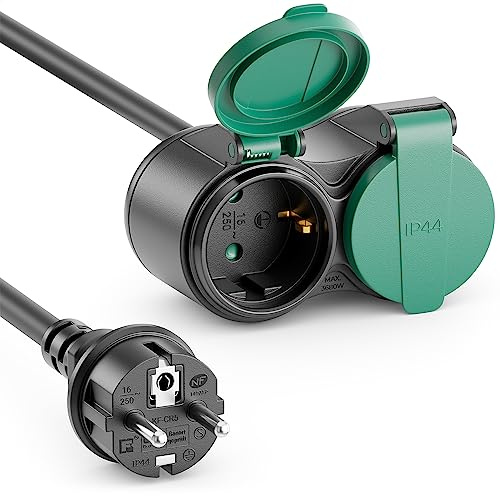 deleyCON 10m Utomhus Förlängningskabel Strömkabel IP44 (H07RN-F 3G1.5mm²) Strömförlängning Väderbeständig Gummikabel för Utomhusbruk - Skyddskontakt Hane till 2x Hona - Svart