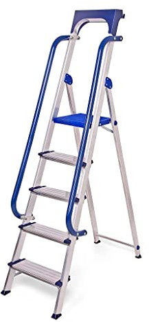 HOSTROM Escabeau 5 marches Secure pro, aluminium renforcé, sécurisé avec rampes, tablette porte-outils, hauteur plateforme 112cm, charge 150kg