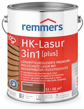 Remmers HK-Lasur 3 en 1 [plus] Castaña, mate, 5 litros, barniz para madera, barniz premium para madera exterior, protección triple con impregnación + imprimación + barniz