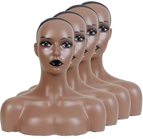 KimRuima 4pcs Realistic Mannequin Head with Shoulders Wig Head with Shoulders Display Stands for Wig Hat Scarf Pendant Sunglasses Earrings JRM00101-4 (Dark Brown with Black Lip)