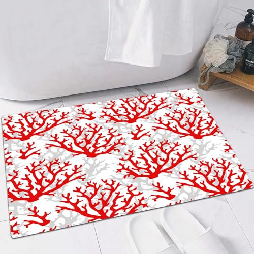 EMFSLA rutschfest Badezimmer Badeteppiche,Weich Hochflor Saugfähig Badvorleger Waschbar Flauschige Mikrofaser Badematte,Blatt aus rot-Grauer Koralle auf Abstrakter Küstenskizze in natürliche,40x60 cm