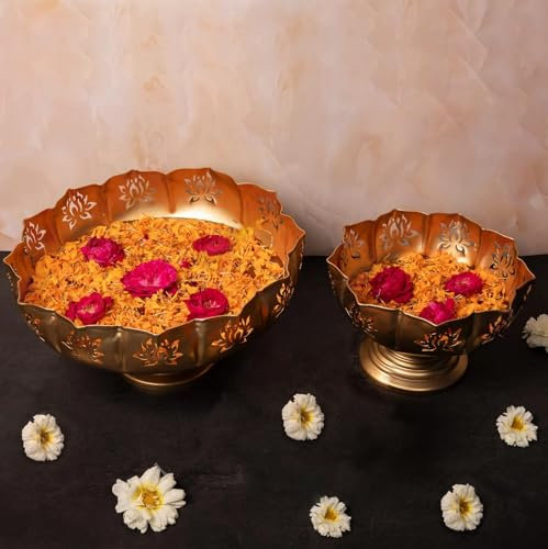 TIED RIBBONS Lotus Urli Metal Bowl for Decor | Iron | Set of 2 | 10, 12 Inch | Urlis for Decoration, Wedding | Urli Bowl for Floating Flowers, Tea Light Candle, Home, Indian Decoration