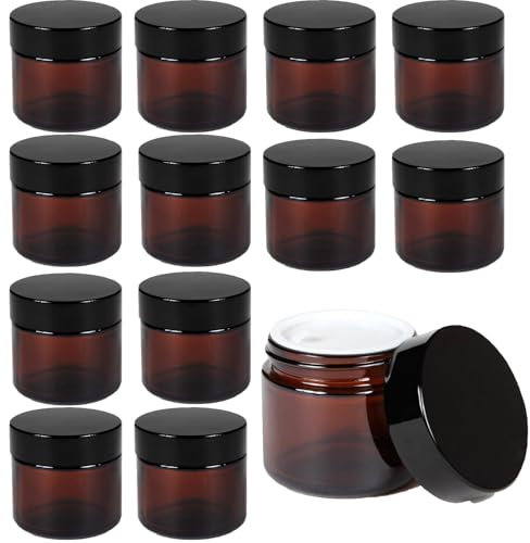 50ml Amber Glass Jars, 12 Pack Empty Cosmetic Jar with Lids and Inner Liners, Refillable Cream Container Jars for Lotions, Essential Oils, Powder