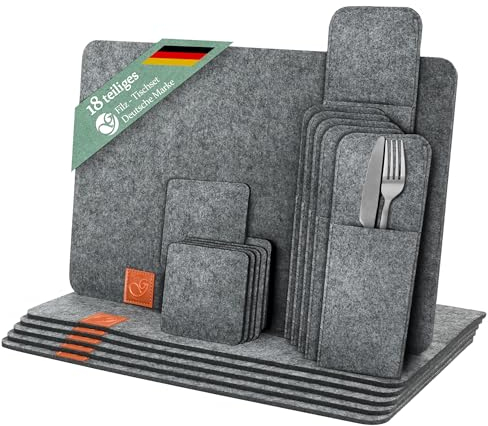 Ganzoo Tischsets aus Filz 18-teilig, Rechteckig, Platz-Set abwaschbar, hitzebeständige Untersetzer, Platzdeckchen für Esstisch, Dunkelgrau