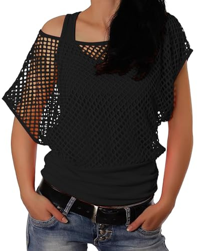 Générique T-Shirt en Maille pour Femme Tenue des années 80 pour Le Fête à thème Haut en Maille Haut d'été Résille Fluo avec Épaules Dénudées pour Rétro Disco Costume Fête (Black, XL)
