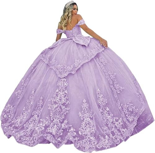 Fuomomo Quinceanera tyll klänningar, glänsande spets applique balklänning, quinceanera klänningar, prinsessklänning med bar axel och flygning MT038