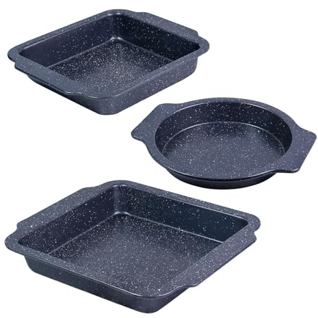EazyBreezy Set di 3 teglie da forno con manici antiaderenti, in acciaio al carbonio, adatte al forno fino a 220 °C, 3 misure, rotonde e rettangolari