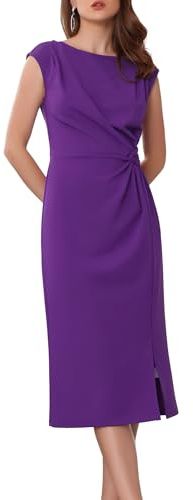 WOMLAYOUT Femme Robe Midi Col Bateau Froncée Taille Haute Fourreau Bureau | Manches Courtes Robe Midi Ajustée Mariage Travail Printemps Été Automne