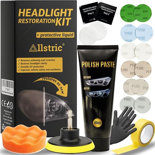 Allstric® Kit Renovation Phare Voiture avec Vernis Phare Anti-UV et Polish Phare Voiture. Kit Polissage Phare Voiture Complet avec Produits de Nettoyage. Rénovateur Phare pour Meilleure Visibilité