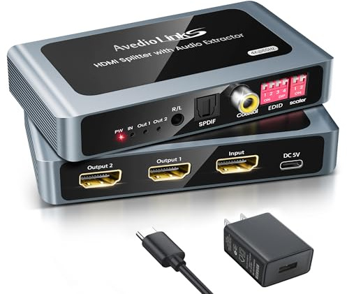 4K@60Hz HDMI Splitter 1 in 2 Out with Audio Extractor, HDMI 1x2 + Optical Toslink + Coaxial +3.5mm Stereo Audio Output for Soundbar, Supports Dobly Vision/Atmos, DTS 5.1CH, HDCP2.3, Downscaler
