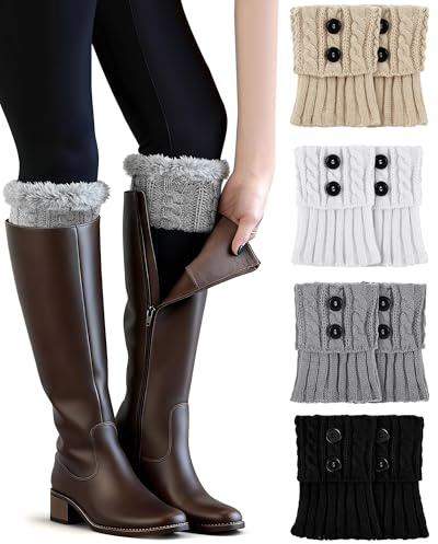 Coume 4 Pairs Women's Fleece Padded Boot Cuffs Short Knit Boot Toppers for Women Fleece Leg Warmer Socks Gift for Christmas Winter (Black,White,Beige,Grey)