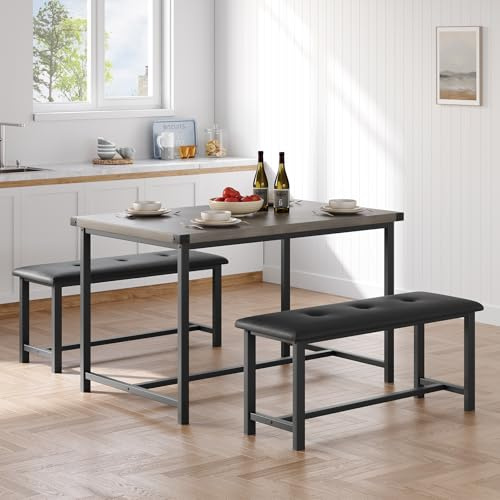 Garvee Mesa de comedor con 2 bancos, juego de comedor de 3 piezas para 4 personas, mesa de cocina con estructura de metal, 2 bancos tapizados, rectangular, para salón, comedor, cocina, gris