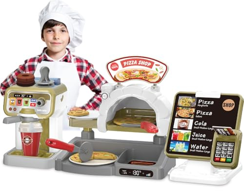 BAKAJI Playset Pizzeria con Registratore di Cassa, Pos e Forno per Pizza, Giochi di Imitazione Ristorante per Bambini con Tantissimi Accessori Realistici, Giocattoli di Ruolo Educativi